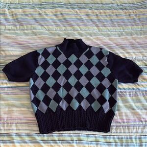 Women’s Vintage Short Sleeve Argyle Cotton Sweater - Navy, Teal, Lavender L